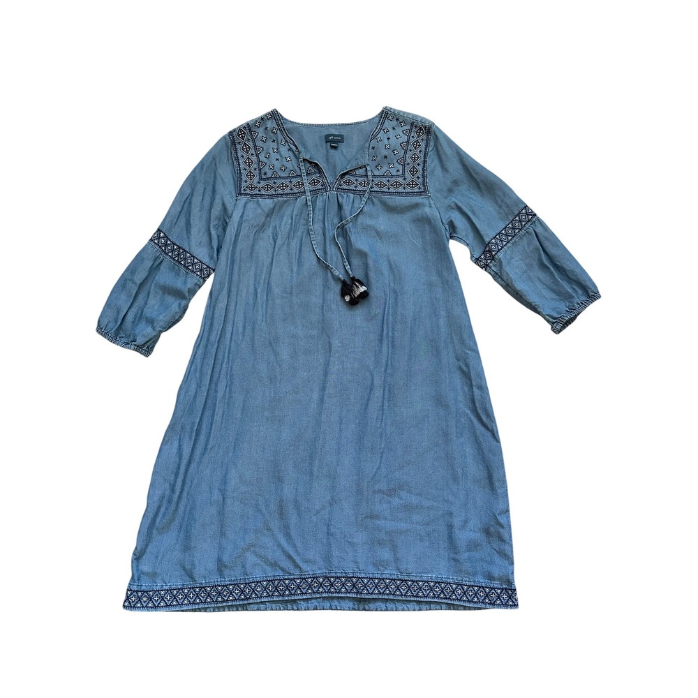Boho J. Jill Denim Embroidered Tencel Shift Dress M Blue Tassel Peasant Coastal